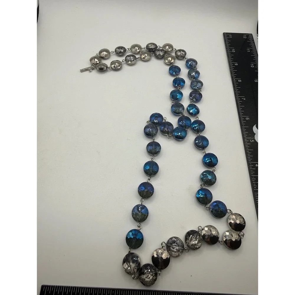 Alexis Bittar Blue Lucite Metallic Faceted Bead Long Station Necklace 40 Inch - Picture 1 of 5